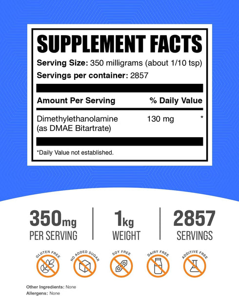 BulkSupplements.com DMAE Bitartrate Powder 350mg - Gluten Free, 1kg (2.2 lbs)