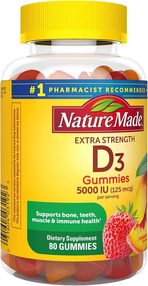 Nature Made Extra Strength Vitamin D3 5000 IU, Dietary Supplement for Bone, Teeth, Muscle Health, 80 Gummies