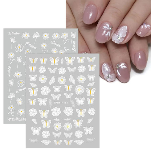 JMEOWIO 12 Sheets Spring White Flower Nail Art Stickers Decals for Summer Nail Design