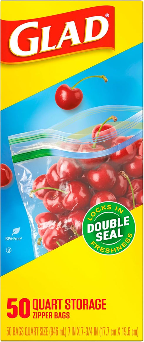 Glad Zipper Food Storage Plastic Bags | Quart - 50 Count (Packaging May Vary)