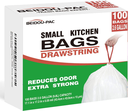 2.6 Gallon Drawstring Trash Bags, 100 Count Multifold Roll Garbage Bags for Home Office Bathroom Kitchen