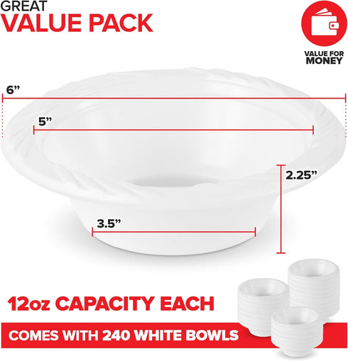 Stock Your Home (240 Pack) 12 oz Elegant White Plastic Bowls for Parties Small Disposable Bowl for Fancy Dinner or Cocktail Party, Soup and Salad, Thick and Sturdy by Stock Your Home