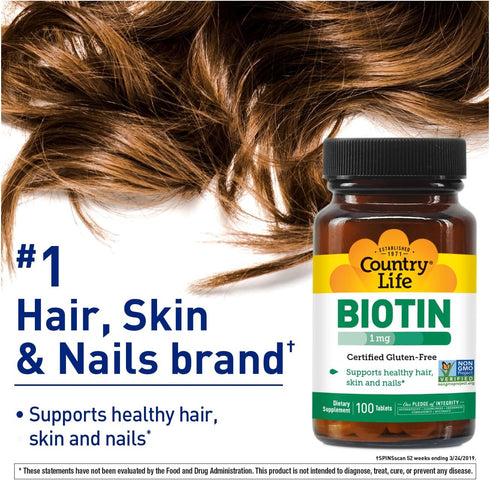 Country Life Biotin 1mg - 100 Tablets, Supports Healthy Hair, Skin & Nails, Certified Gluten Free, Vegan, Halal