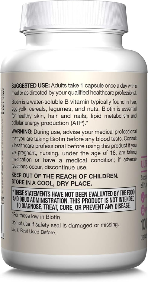 Jarrow Formulas Biotin Ultra Strength 5000 mcg, Hair, Skin, Nails Support, 100 Veggie Capsules