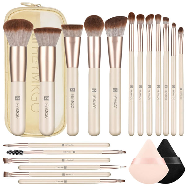 HEYMKGO 18pcs Professional Makeup Brushes Set with 2 Powder Puff & Travel Bag, Premium Synthetic Foundation Blush Kit
