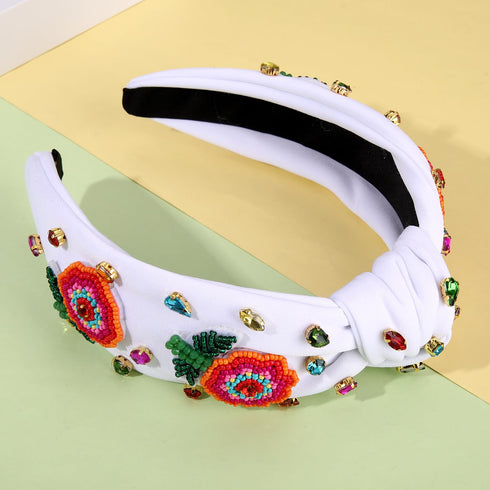 Summer Headband for Women, Beaded Flower Palm Leaf Watermelon Fruit Headband, Rhinestone Jeweled Boho Accessories