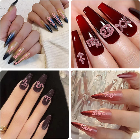 JERCLITY 24 Pieces Pink Alloy Zodiac Nail Charms, 12pcs Zodiac Signs and 12pcs Constellation Words Nail Charms for