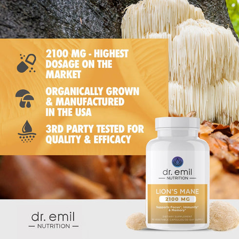 DR. EMIL NUTRITION 2100mg Organic Lions Mane Supplement Capsules - Focus, Mental Clarity, Cognition - Nootropic
