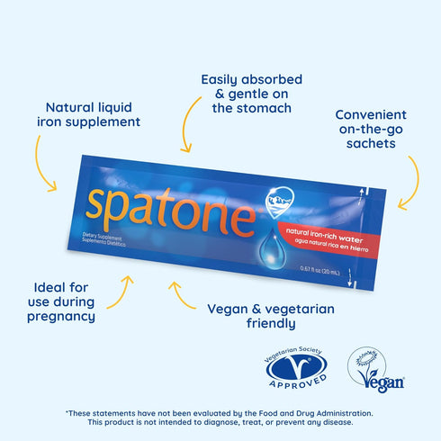 Spatone Natural Liquid Iron Supplement for Women, Men & Kids Ages 4+, Ideal During Pregnancy, Easily Absorbed & Gentle, Vegan, Vegetarian, Original Flavor, 28-Day, 5mg of Iron Per 20mL Sachet