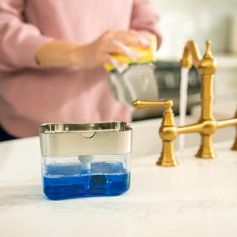 S&T INC. Dish Soap Dispenser and Sponge Holder, 13 Ounces, Metallic Silver - Sponge Included for Kitchen Sink