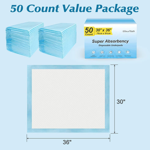 Wowflash 30 36, 50 Count Super Absorbency Disposable Leakproof Underpads with Quick Drying for Baby, Adults, Puppy, Dog