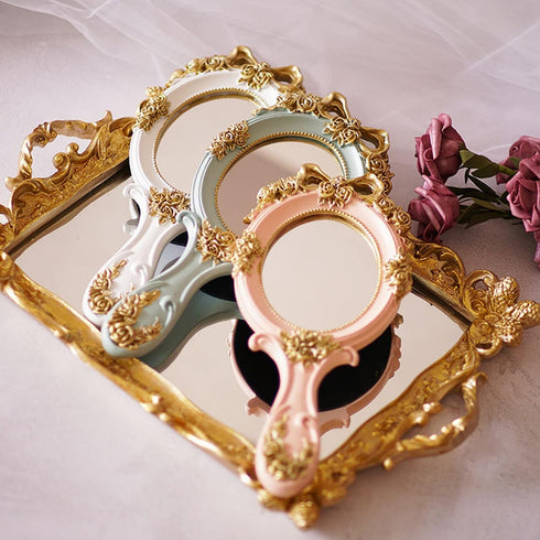 Nerien Handheld Mirror, Vanity Makeup Mirror, Travel Metal Cosmetic Mirror, Oval Embossed Rose Design, Pink