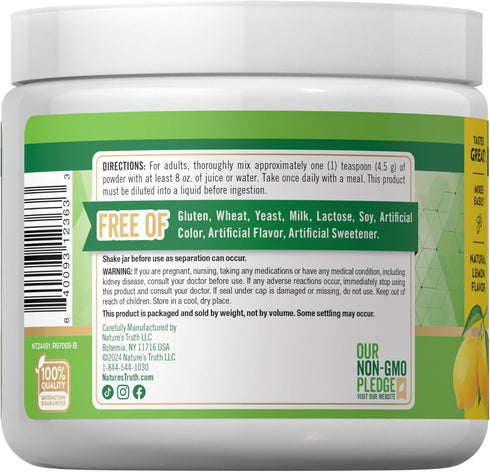 Nature's Truth Magnesium Glycinate Powder, 6 oz, Lemon Flavor, High Absorption, Vegan, Non-GMO, Gluten Free Supplement