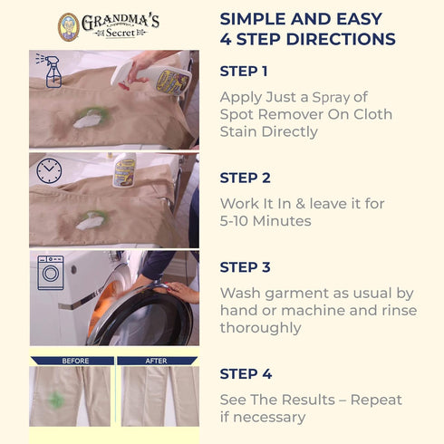Grandma's Secret Spot Remover Laundry Spray - Chlorine-Free Fabric Stain Remover for Oil, Paint, Blood, 16 oz & 2 oz