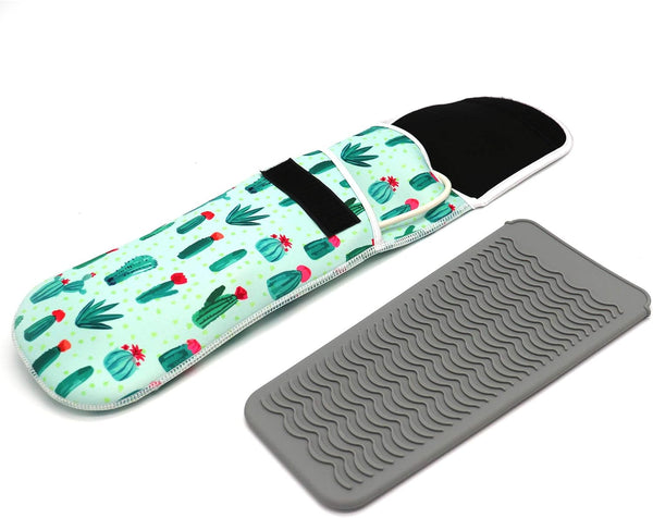 Heat Resistant Travel Hair Curler Flat Iron Pouch and Silicone Mat Set (Cactus)