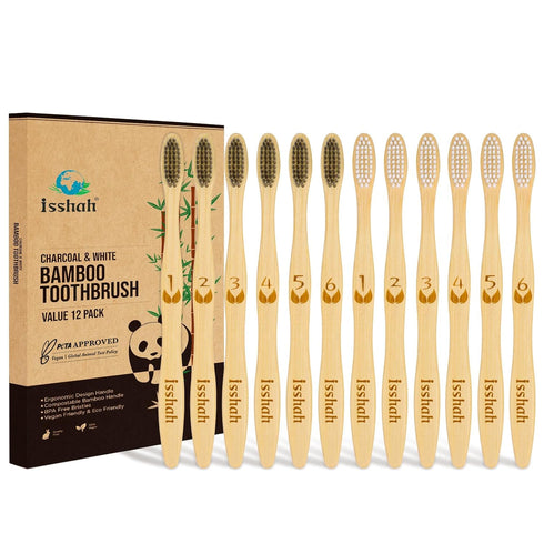 Biodegradable Eco-Friendly Natural Bamboo Charcoal Toothbrushes, FSC Certified, 12 Count