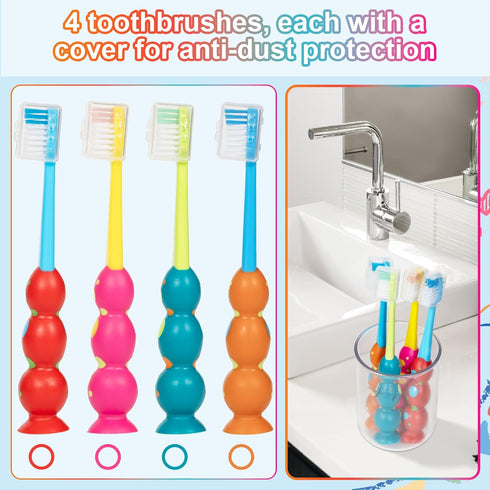 Kids Toothbrush 4 Pack, Soft Bristles with Suction Cup for Easy Storage, Toddler Sized Brush Head
