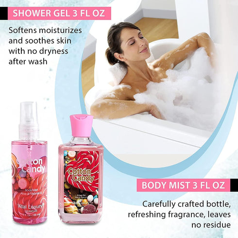 Cotton Candy Bath & Body Kit - 3 Fl Oz, Home Spa Set with Body Lotion, Shower Gel, Body Cream, Fragrance Mist