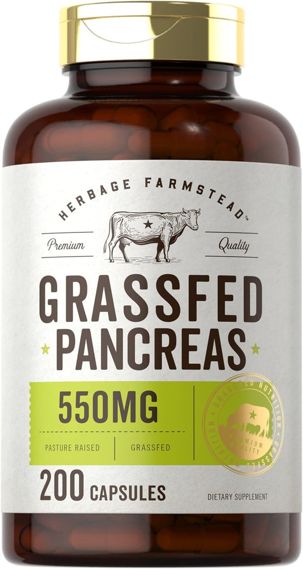 Carlyle Grass Fed Beef Pancreas, 550mg, 200 Capsules, Desiccated Pasture Raised Bovine Supplement