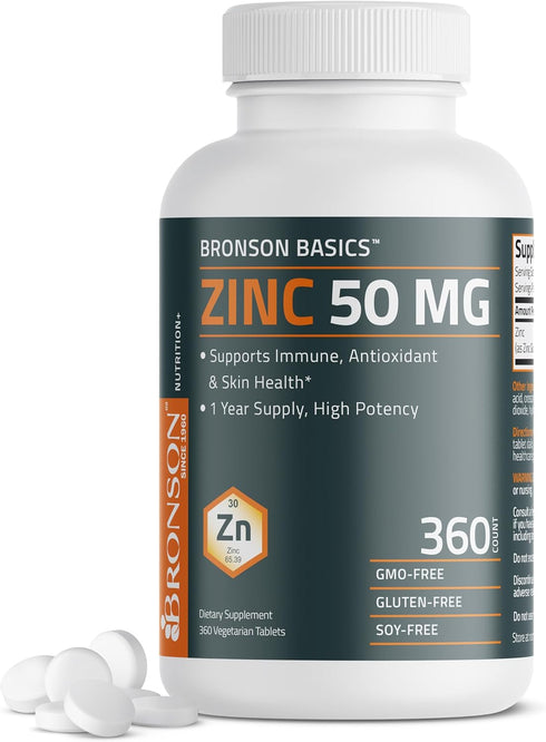 Bronson Zinc 50 MG High Potency, One Year Supply, Supports Immune, Antioxidant & Skin Health, Non-GMO, 360 Tablets