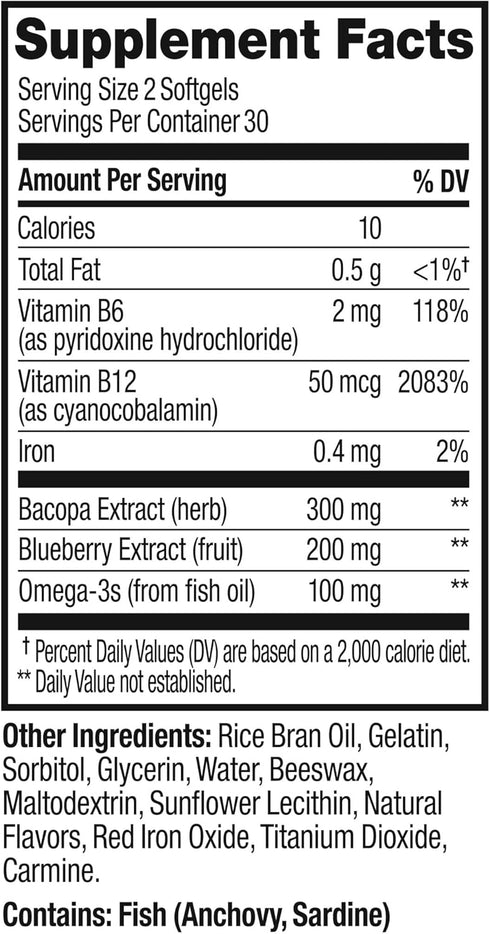 OLLY Ultra Strength Brain Softgels - Supports Memory, Focus & Concentration with Omega-3s, 60 Count