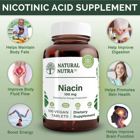 Natural Nutra Niacin (Vitamin B3) Supplement for Energy & Digestion, 100 mg, 100 Tablets (Pack of 3)