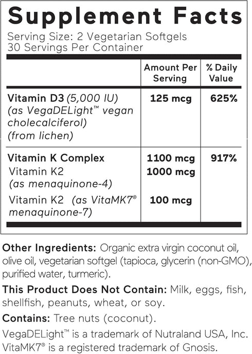 SMARTERNUTRITION Plant-Based Vitamin D3 with Vegan K2-5000 IU for Immune Support, Bone Health, 60 Count