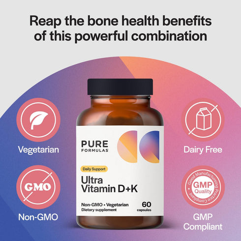 PureFormulas Vitamin D3 K2, 5000 IU D3 and K2 Supplement for Bone and Immune Support, 60 Vegetarian Capsules