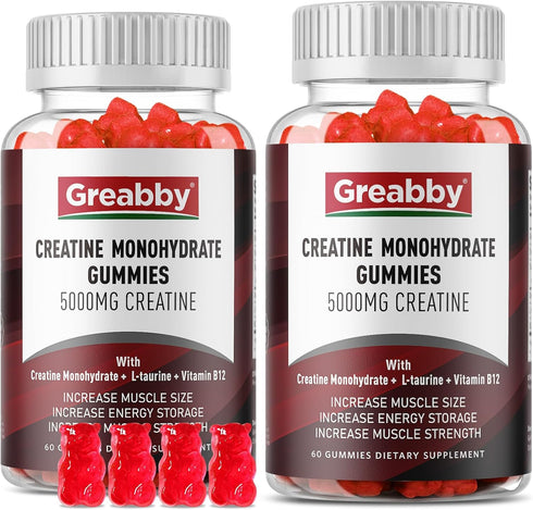 Creatine Monohydrate Gummies, 5g for Women & Men, L-Taurine, B12, Creatine Chews for Muscle Growth, Mixed Berry Flavor,