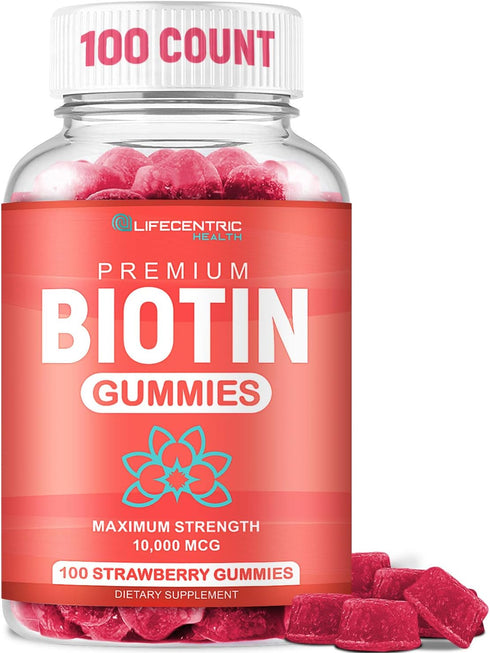 Biotin Gummies for Hair Growth, 100 Count, Max Strength 10000mcg Chewable Supplement for Women, Men, and Kids