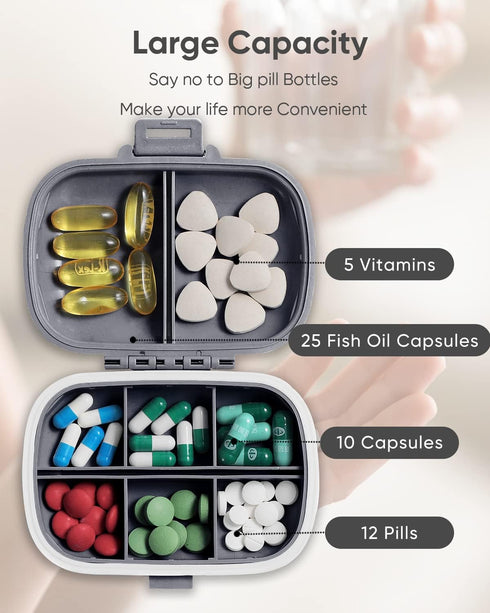 Holii Travel Pill Organizer - Gray Portable Pill Case with 8 Compartments for Daily Vitamins and Medicine