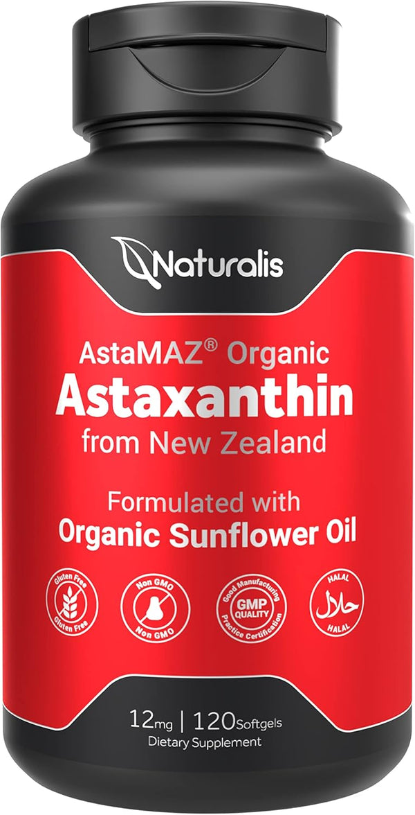 Naturalis New Zealand Astaxanthin (12mg) - Enhanced with Natural Vitamin E, Non-GMO, Soy & Gluten Free, 120 Softgels