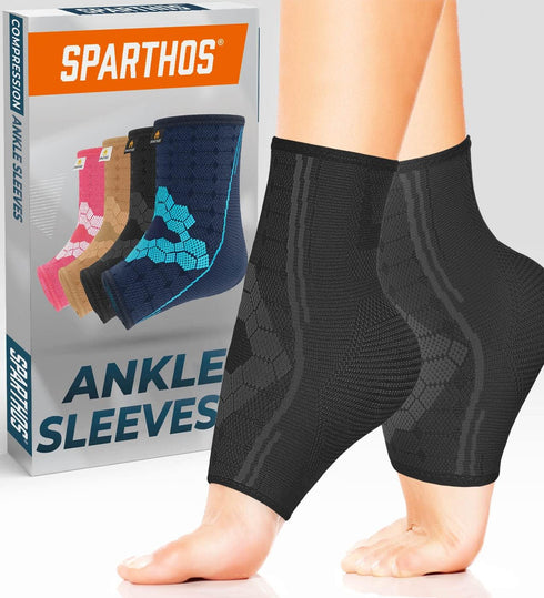 Sparthos Ankle Compression Socks (Pair) – Plantar Fasciitis Ankle Brace for Men and Women (Black-L)