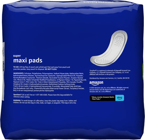 Amazon Basics Thick Maxi Pads for Periods, Super Absorbency, Unscented, 48 Count, 1 Pack (Previously Solimo)