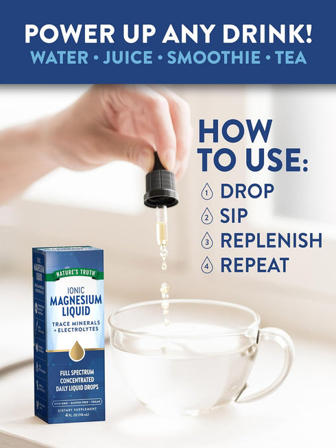 Nature's Truth Ionic Magnesium Liquid Drops | 200mg | 4 Fluid Ounces | Vegan, Non-GMO & Gluten Free with Electrolytes &