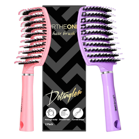 URTHEONE Hair Brush, Detangling Boar Bristle Curved Vented Hair Brush for Women Men Kids, 2 Pack, Pink & Purple