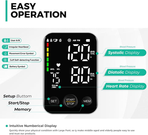 Blood Pressure Monitor Upper Arm Blood Pressure Monitors for Home Use BP Machine with 2x120 Reading Memory Adjustable Arm Cuff 8.7"-15.7" Large Display with LED Background Light Storage Bag