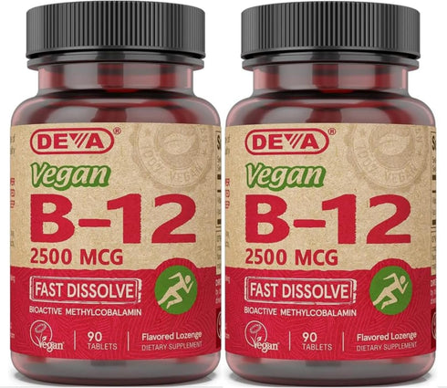 DEVA Vegan Vitamins B-12, High Potency 2500 mcg, Fast Dissolve Sublingual, 90 Tablets, Pack of 2