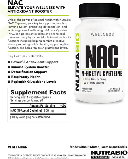 NutraBio N-Acetyl Cysteine Supplement (NAC) - 90 Capsules, 600mg Each, Powerful Anti-Oxidant for Immune Support