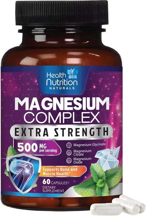 Magnesium Complex Supplement 500mg | 60 Capsules | High Absorption Chelated Magnesium with Glycinate, Oxide, Malate,