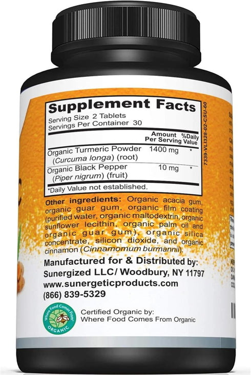 USDA Certified Organic Turmeric Supplement – Includes Organic Turmeric & Organic Black Pepper – 1,400mg of Turmeric per Serving - 60 Count (Pack of 1)