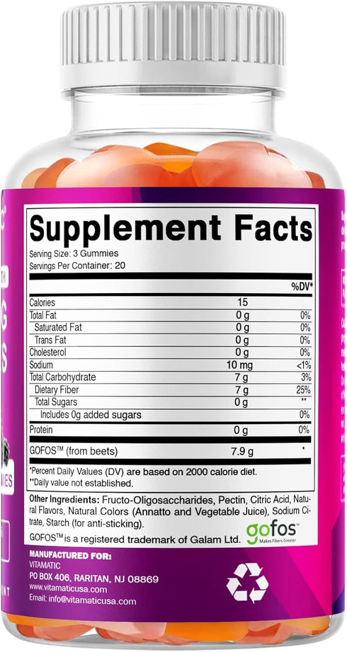Gummies 7g 60 Count (2 Pack) Vitamatic Prebiotic Fiber for Digestive Health & Regularity, Extra Strength, Fiber per