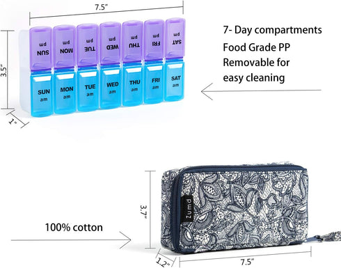 Weekly Pill Organizer 2 Times a Day, Zumd Pill Box 7 Day with Quilted Fabric Zipper Case, Travel AM PM