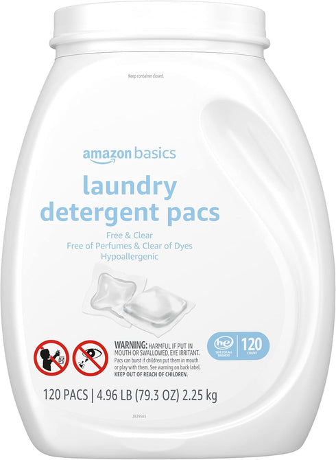 Amazon Basics Laundry Detergent Pacs, Hypoallergenic, Free & Clear, 120 Count