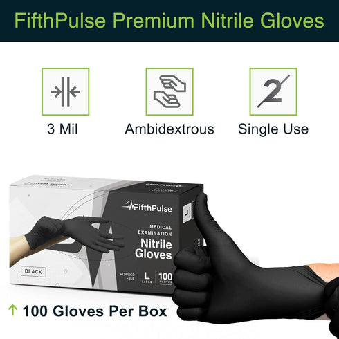 FifthPulse Black Nitrile Medical Gloves, Medium 100 Count Surgical Grade Latex Free Disposable Gloves