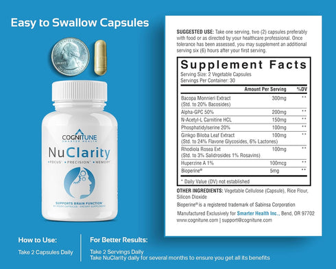 NuClarity - Premium Nootropic Brain Supplement for Focus, Energy & Memory - Ginkgo Biloba, Bacopa Monnieri & More