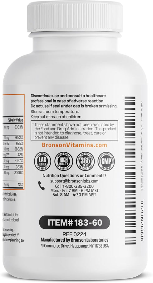 Bronson Vitamin B 100 Complex, High Potency Sustained Release, 60 Tablets (Vitamin B1, B2, B3, B6, B9, B12)