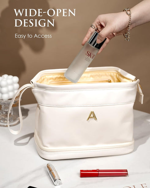 Birthday Gifts for Girls, Personalized Large Makeup Bag, Double Layer Cosmetic Bag with Brush Organizer, PU Leather