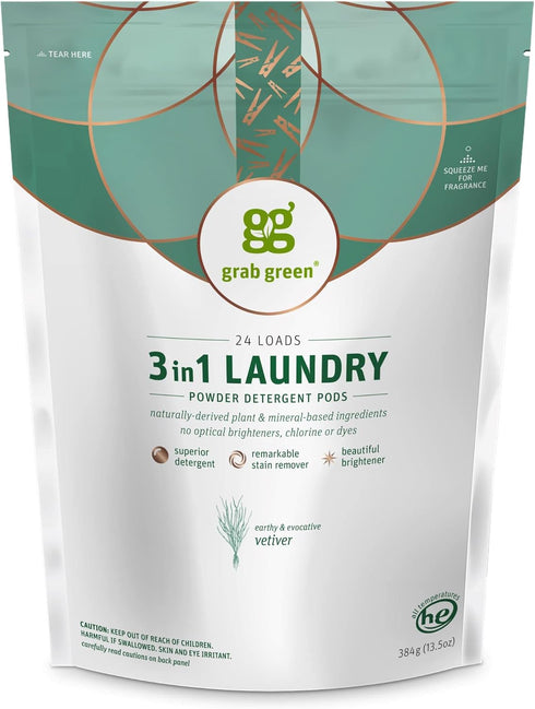 Grab Green 3-in-1 Laundry Detergent Pods, 24 Count, Vetiver Scent, Plant and Mineral Based