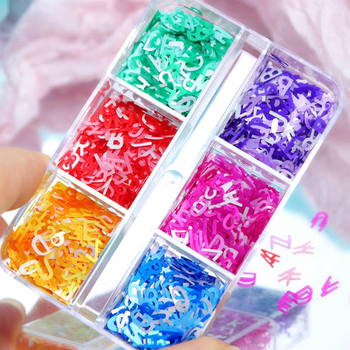 6 Colors Letter Nail Art Glitter Sequins, 3D Holographic English Letter Flake Designs for Acrylic Nails Women DIY
